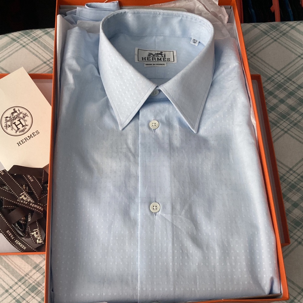 Hermes H print pale blue fitted shirt size 39 15.5